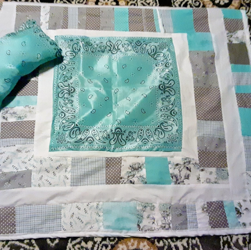 Homemade baby boys quilt with pillow